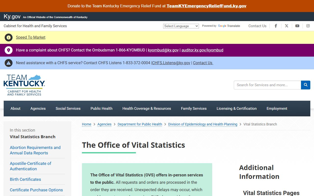 Kentucky Office of Vital Statistics homepage for death records